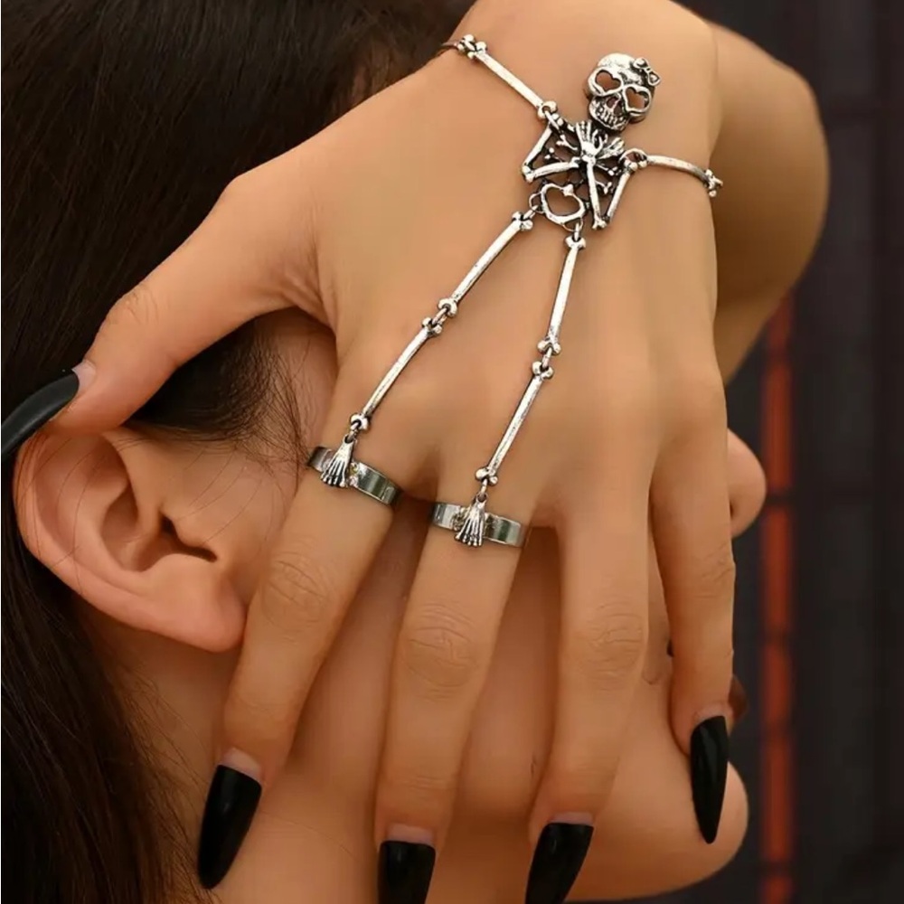 Silver Skeleton Hand Chain Ring Bracelet - Women's Gothic Jewelry